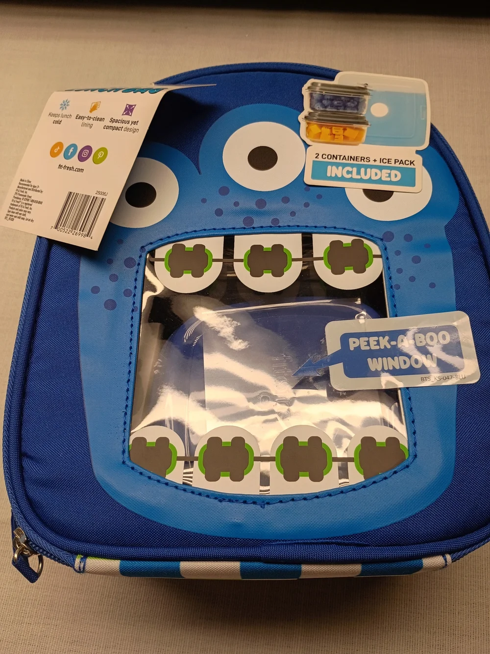 Kids Blue Monster Lunch Bag with Peek-A-Boo Window